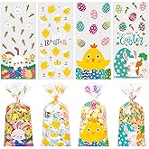 RICEDUO Easter Cellophane Treat Bags, 100 Pieces Clear Cello Gift Bag with Twist Ties, Easter Candy Goodies Bags for Kids Spring Party Favors Supplies