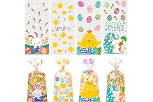 RICEDUO Easter Cellophane Treat Bags, 100 Pieces Clear Cello Gift Bag with Twist Ties, Easter Candy Goodies Bags for Kids Spring Party Favors Supplies