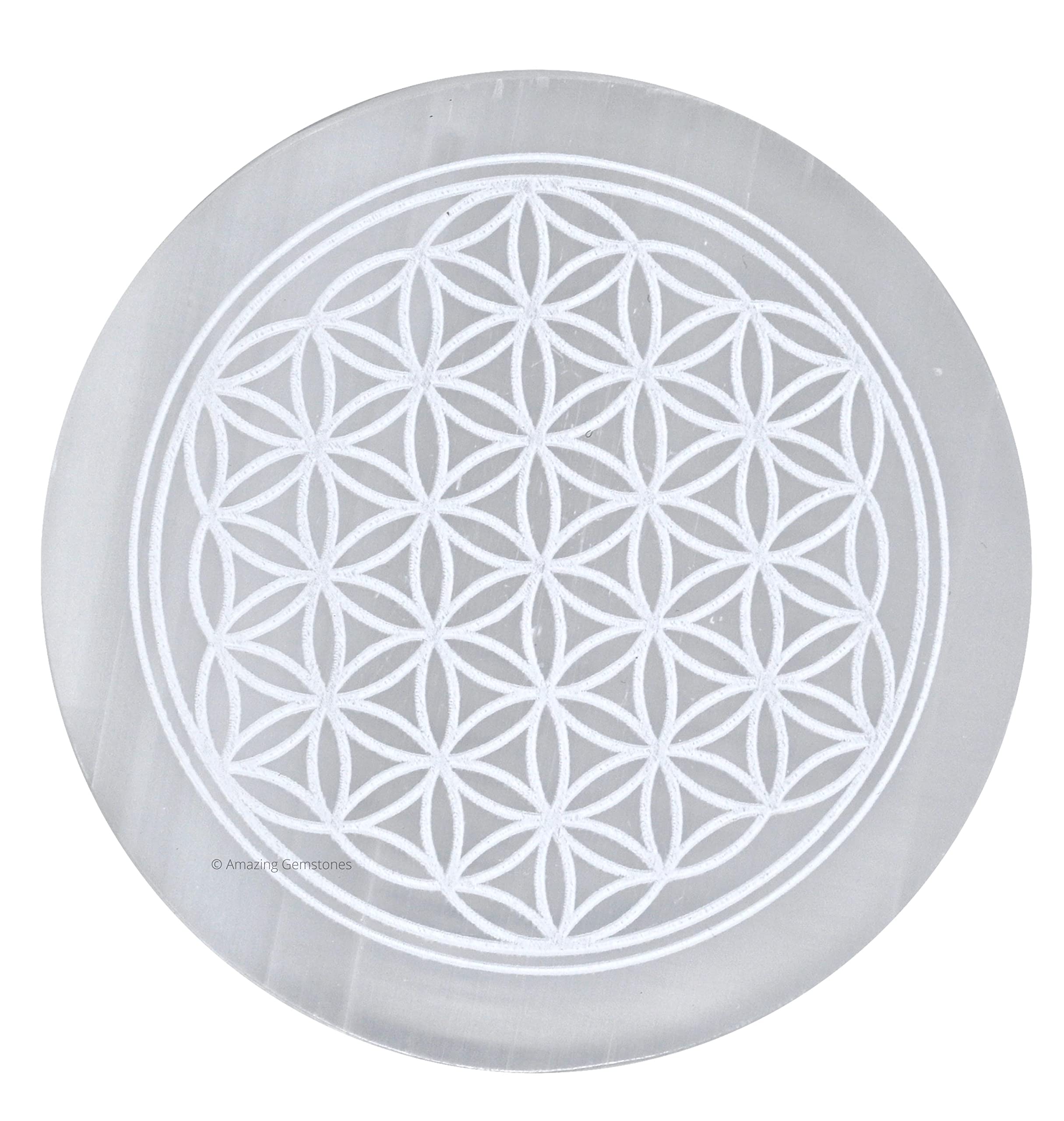 Photo 1 of Amazing Gemstone Selenite Crystal Charging Plate For Crystals And Healing Stones, 3" Selenite Crystal Plate Engraved Flower of Life Coaster For Home, Office Table Decor (Selenite Round Disc)