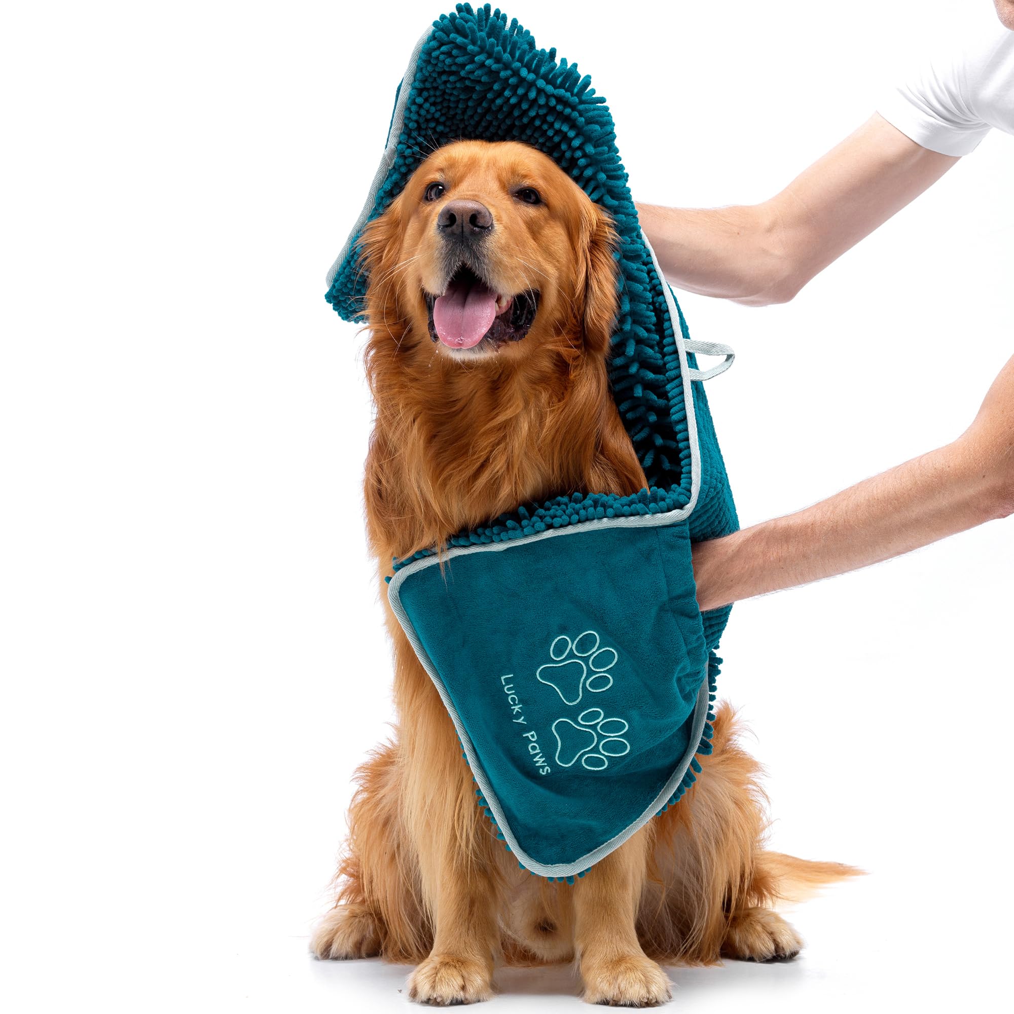 Lucky Paws® Chenille Dog Towel with Hand Pockets - UK Based Seller - Absorbent Microfibre Towel - Fast Drying - Super Soft - Machine Washable & Dryable - 88 x 32cm (Pack of 1, Teal)