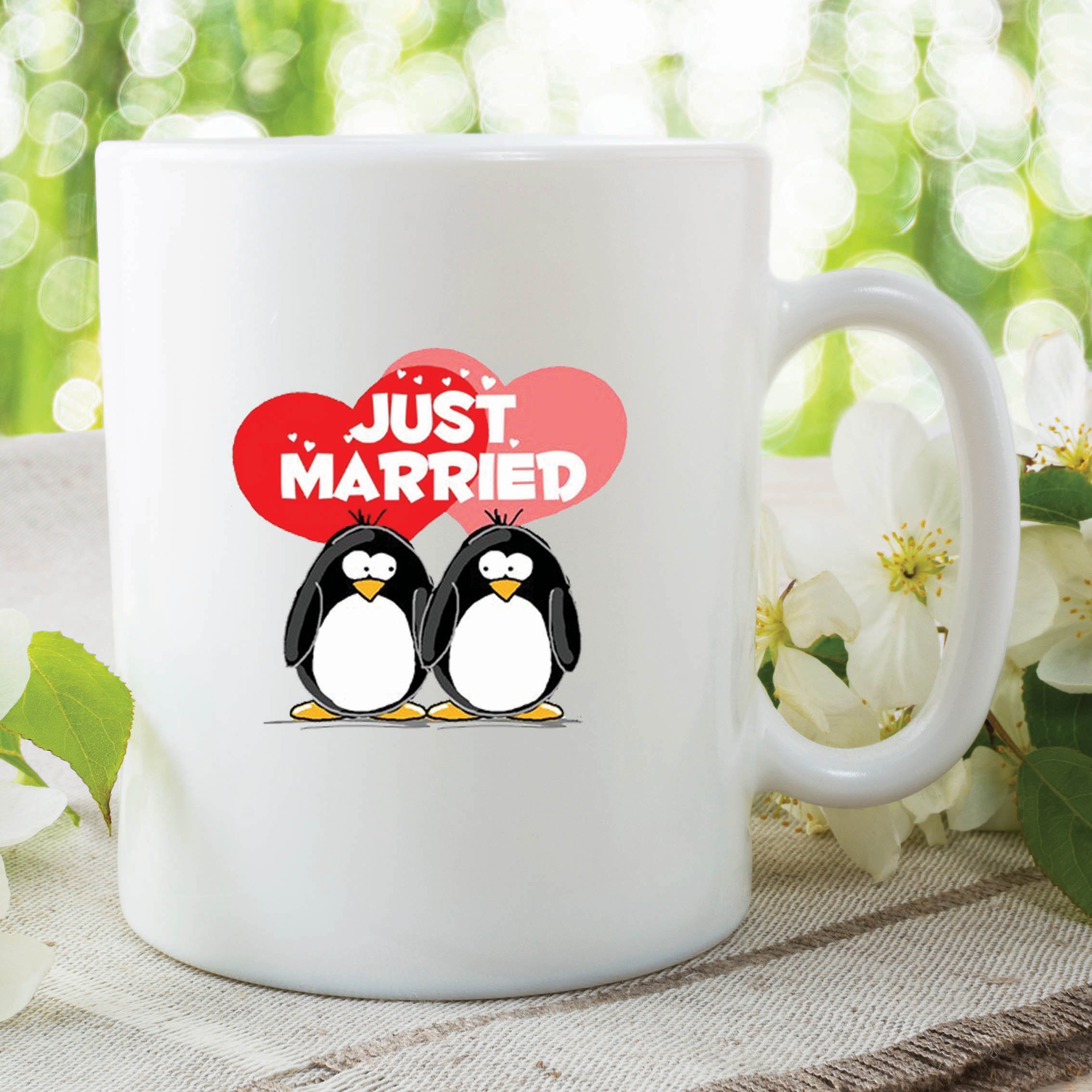Just Married Mugs Penguin Wedding Love Hearts Tea Coffee Cup Gift WSDMUG202
