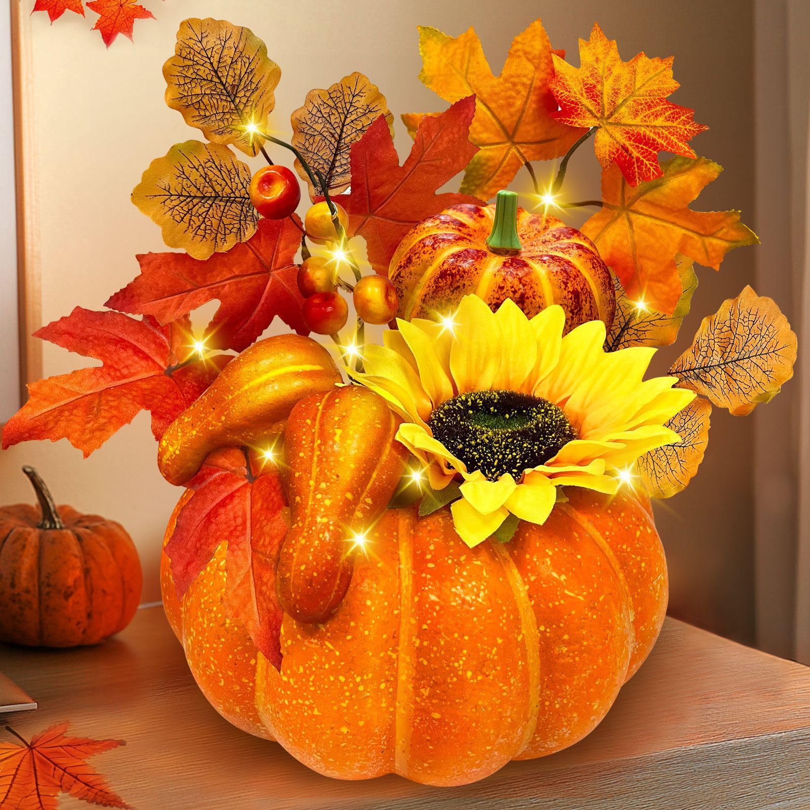 Photo 1 of [Timer & Prelit] Thanksgiving Decorations Pumpkin Decor, Artificial Fake Pumpkin with Maples Leaves Sunflower Berried 20 LED Warm White Lights Fall Centerpieces for Tables Home Kitchen Porch Indoor