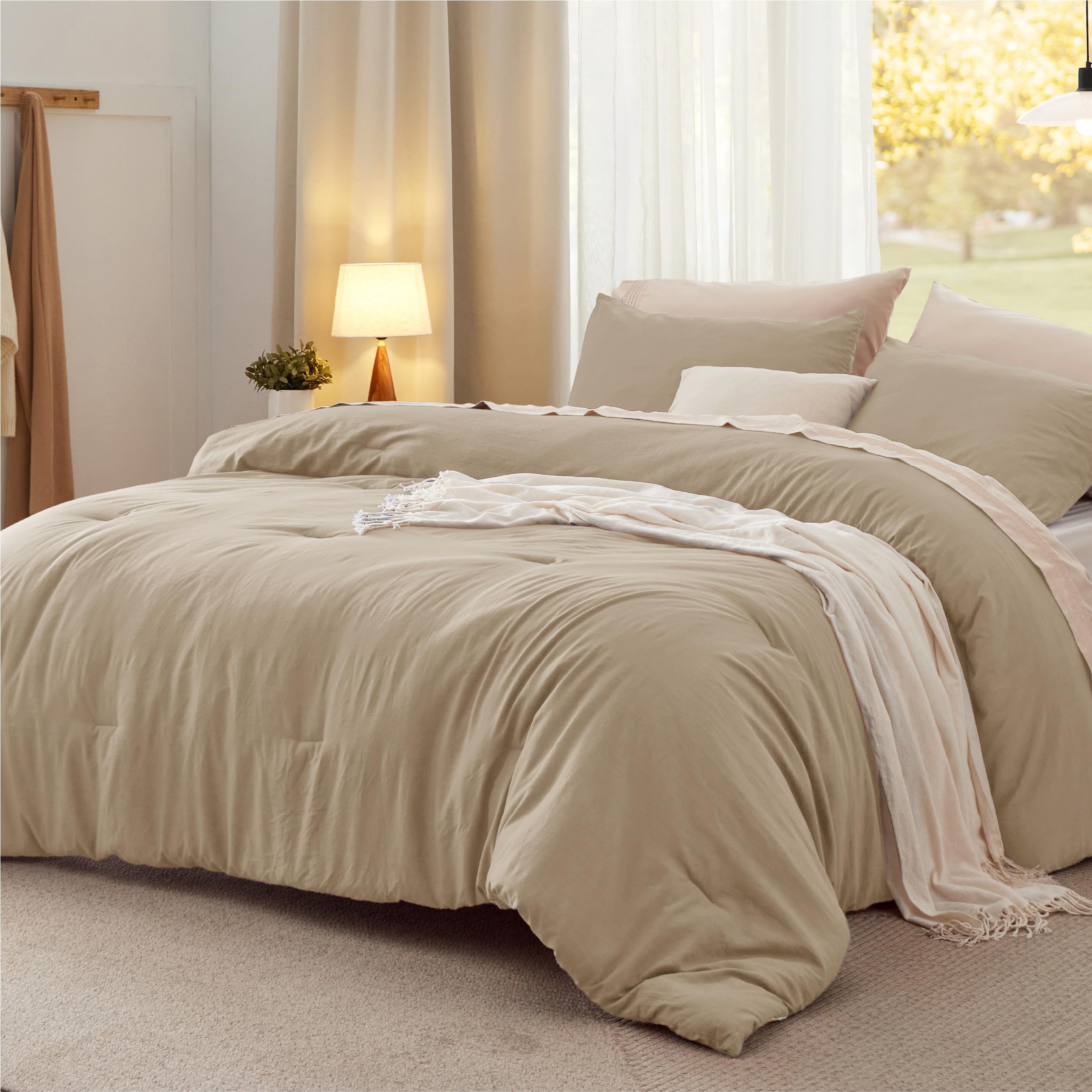 Photo 1 of Bedsure Full Size Comforter Set, Khaki Soft Prewashed Bedding for All Seasons, 3 Pieces GentleSoft™ Warm Down Alternative Bed Set, 1 Lightweight Comforter (82"x86") and 2 Pillowcases (20"x26")