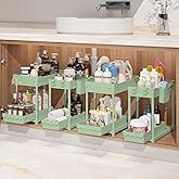 Sevenblue Under Sink Organizer, Bathroom Organizers and Storage, 2 Tier Multi-Use Pull Out Cabinet Organizer with Hang Hooks and Cups (Green, 4 Pack)