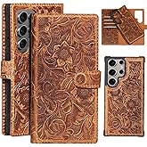 RMAWRAD Leather Case Wallet Compatible with Samsung Galaxy S22 Ultra,Genuine Leather2-in-1Magnetic Detachable Shockproof,Flip Folio Cover with Card Slot, RFID Blocking Dark Brown