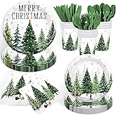 168PCS Christmas Trees Party Supplies Watercolor Green Cedar Snowflake Party Decorations Merry Christmas Paper Plates Cup Napkin for Xmas Winter Holly Snowflake Holiday Party Tableware Serves 24