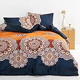 Wake In Cloud - Bohemian Comforter Set, Boho Chic Ornate Floral Elements Pattern Printed for Men Women, Soft Lightweight Bedding, 3 Pieces, Orange Navy, King Size