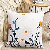 Merrycolor Embroidered Pillow Covers 18x18 Spring Flower Pattern Decorative Throw Pillow Covers Comfortable Cotton Canvas Square Cushion Cases for Sofa Bed Living Room Decor