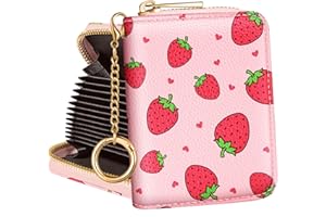 Bistup Credit Card Holder for Women Cute Small Ladies Teen Girls Female Rfid Leather Cardholder Wallets with Keychain Accordion Organizer Purse Strawberry Kawaii Girly Aesthetic Print Unique Zipper