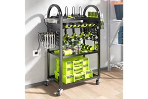 KAFAHOM Power Tool Organizer Cart with Charging Station,Garage Floor Rolling Storage on Wheels for Mechanic,Mobile 8 Drill Holder, Utility Cart with Battery Charging 8 Outlet Power Strip