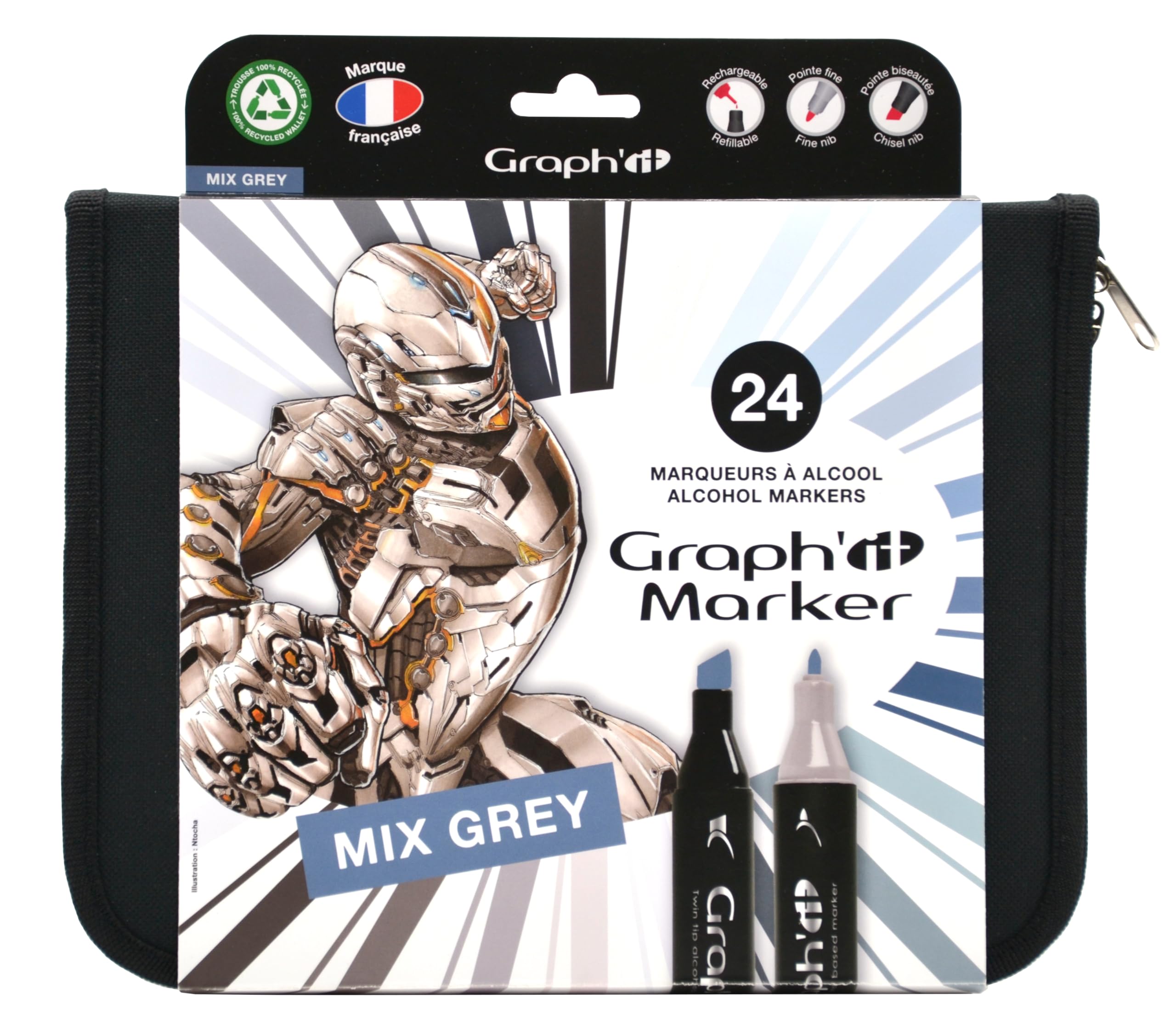 Pack of 24 Graph'it Twin-Tip Alcohol Marker Pens Assorted Colours