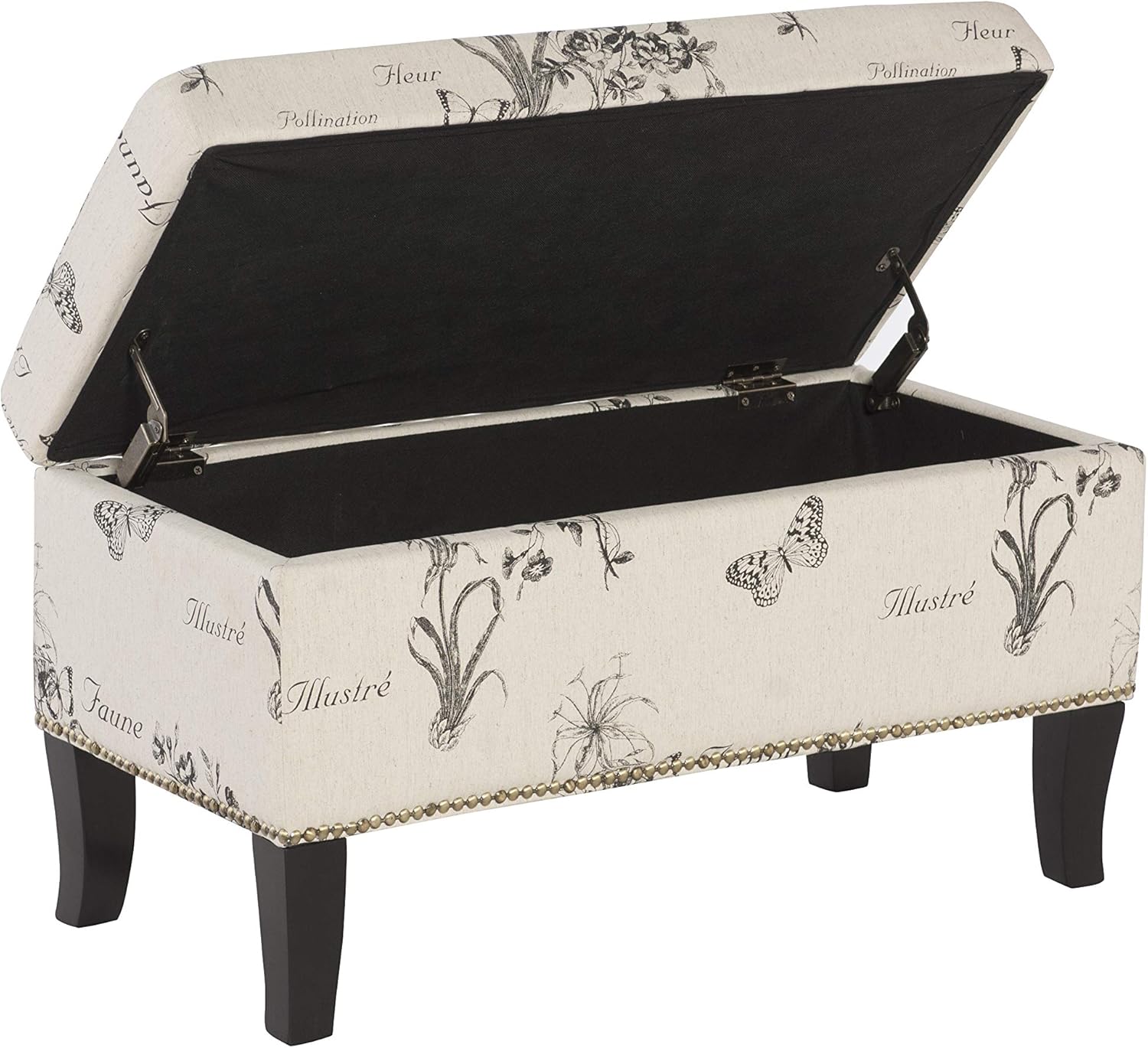Linon Stephanie Script Linen Ottoman, 32"W x 16"D x 18"H, Gray/Black: Kitchen & Dining