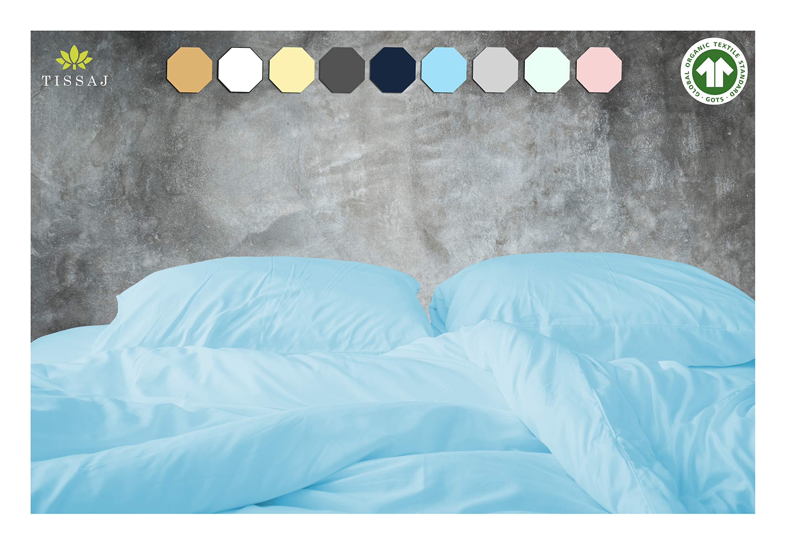 500-Thread-Count Organic Cotton Duvet Cover – 500TC Queen & Full Size Ice Blue Color – for Bedding - 100% GOTS Certified Extra Long Staple, Soft Sateen Weave Finish - Luxury Collection