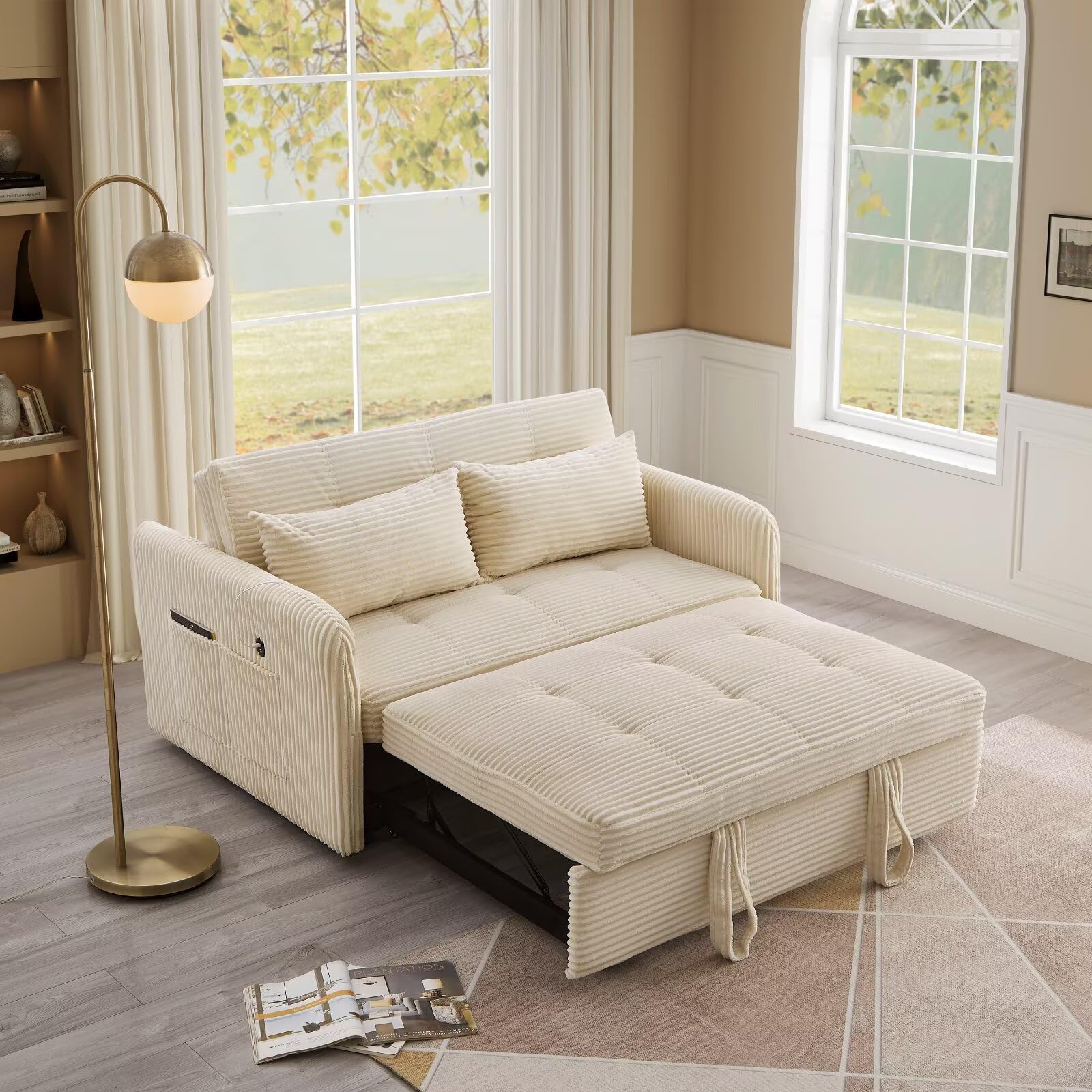 Photo 1 of ***SIMILAR****N NOORDENIYA 55'' Corduroy Sofa Bed, Pull Out Sleeper Sofa Couch, Loveseat Couch Bed, Futon Sofa with USB Charging Ports, Convertible Sofa Bed for Living Room, Apartment, Bedroom, RV, Beige