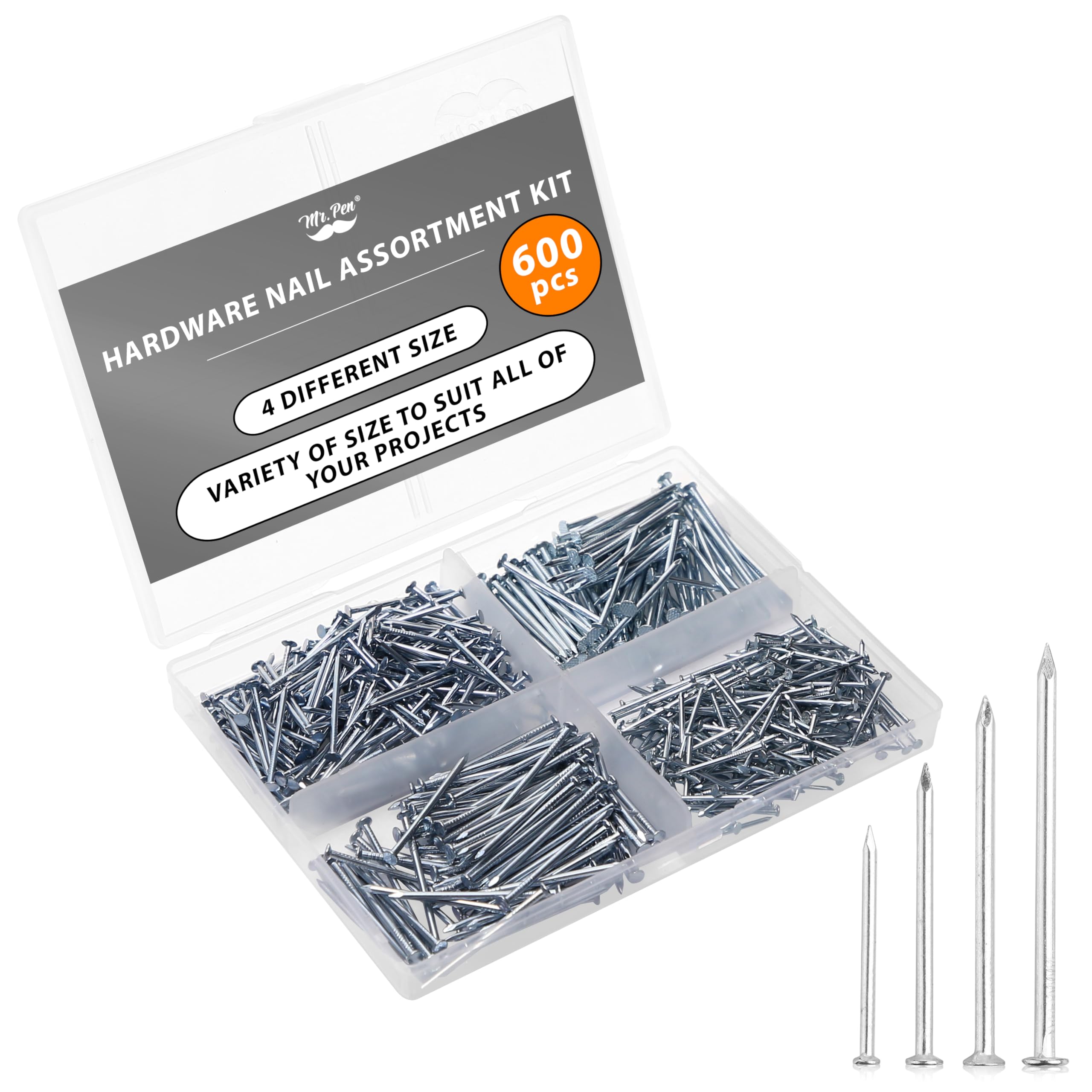 Mr. Pen- Nail Assortment Kit, 600 Pcs, 4 Sizes, Silver, Small Nails for Hanging Pictures, Finishing Nails, Gold Wall Nails for Hanging, Pin Nails, Hardware Nails, Assorted Nails, Galvanized Nails