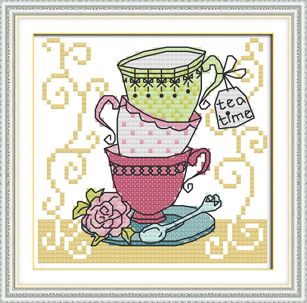 Cross Embroidery Kit 11ct Printed Fabric 18x18cm DIY Embroidery Simple Entrance Kit Pre - Printing Embroidery for Girls Crafts DMC Embroidery Items - Tea Cup Three