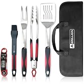 GRILLION 5PCS Grilling Tools for Outdoor Grills - Premium Grilling Utensil Set - Spatula, Tongs, Fork, Thermometer &amp; Brush with Carrying Bag - BBQ Grill Sets for Men - BBQ Grill Accessories Gifts