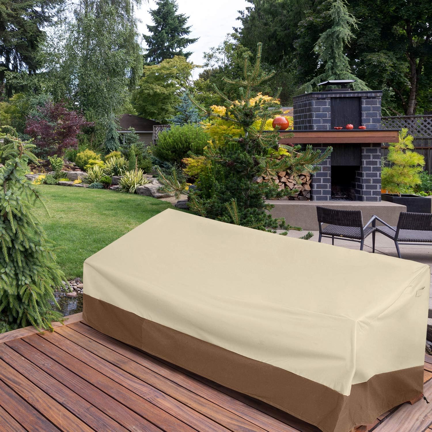 Delxo Patio Sofa Cover 3 Seater Waterproof Outdoor Sofa Cover Anti-UV Patio Furniture Sofa Cover with Elastic Hem and Padded Handles, Air Vents, Beige : Garden & Outdoor