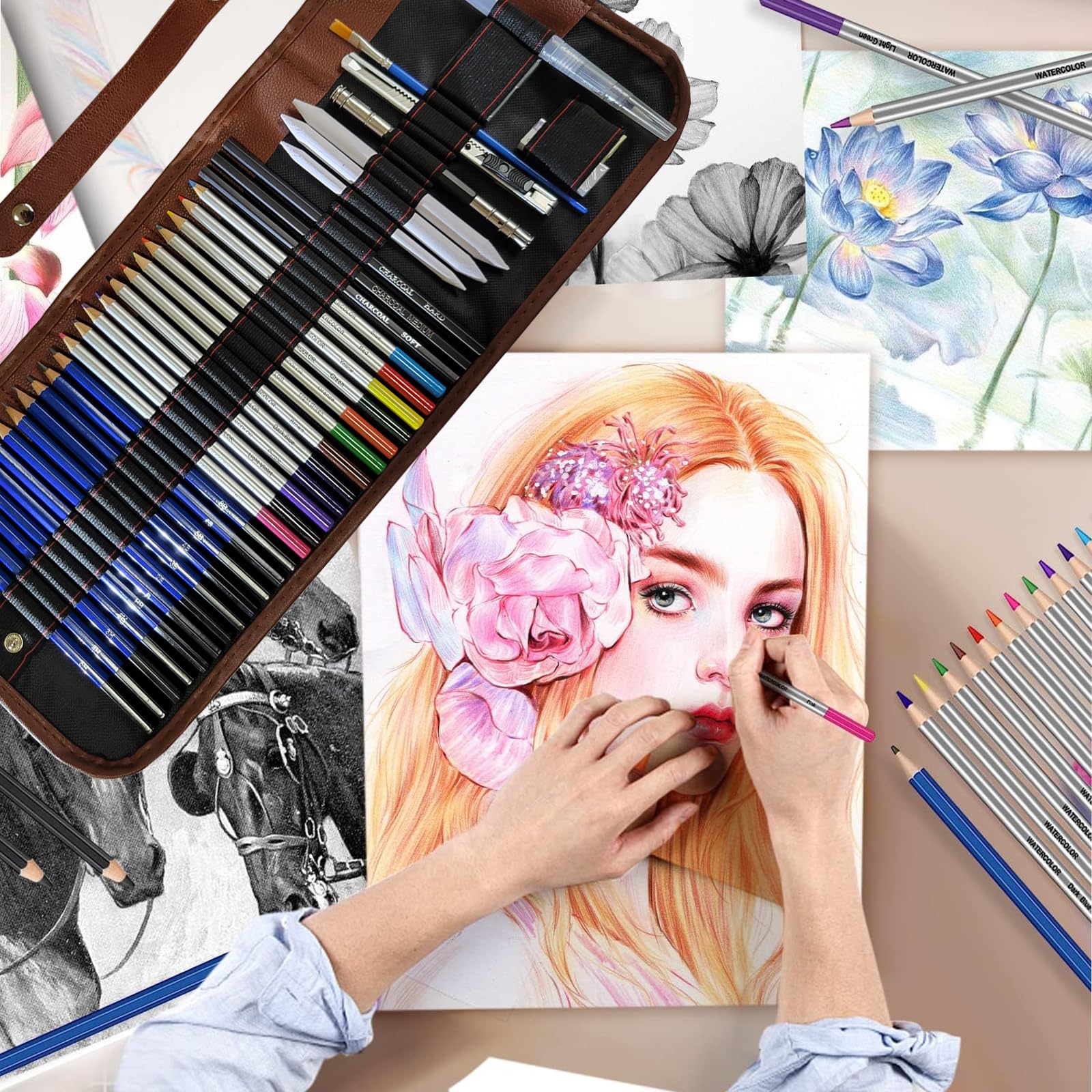 HOTCOLOR Drawing Pencils 38pcs Art Supplies Set Sketching Pencil Set with Graphite Pencils,Watercolor Pencils with Brush,Charcoal Pencils Set for Artists Adults Kids Beginners
