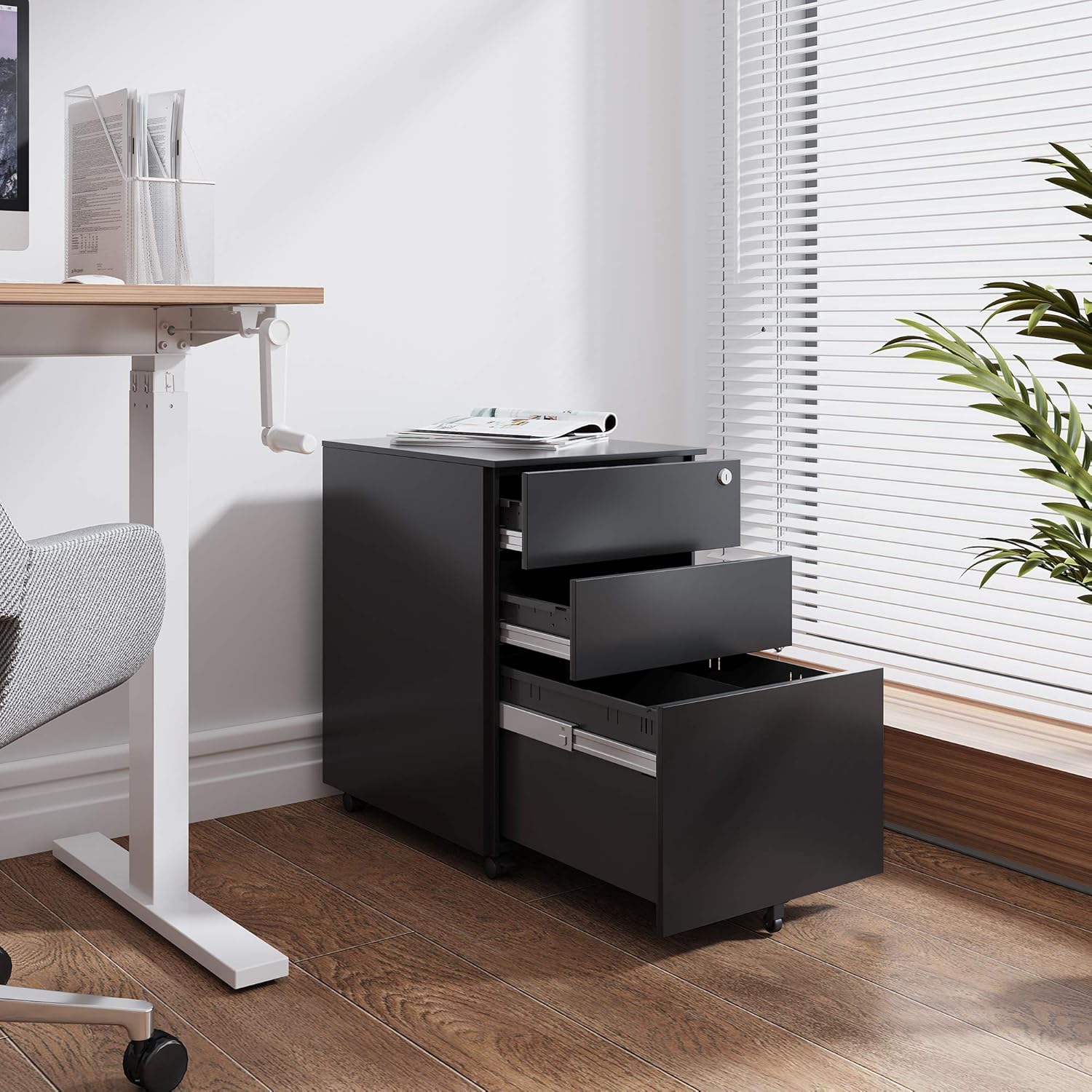 DEVAISE Locking File Cabinet, 3 Drawer Rolling Pedestal Under Desk, Fully Assembled Except Casters, Black : Office Products