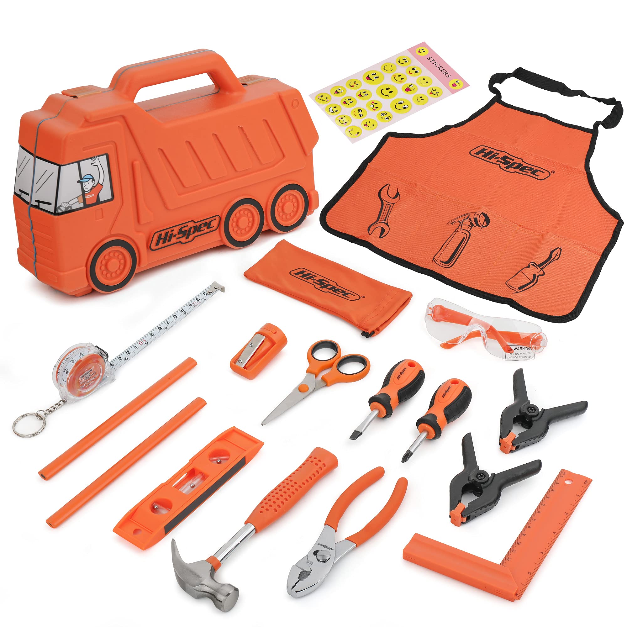 Hi-Spec 17pc Orange Kids Tool Kit & Children's Truck Tool Box – Real Steel Metal Tools for Building, Woodwork, Construction & DIY Projects. Educational Gift Set for Boys & Girls