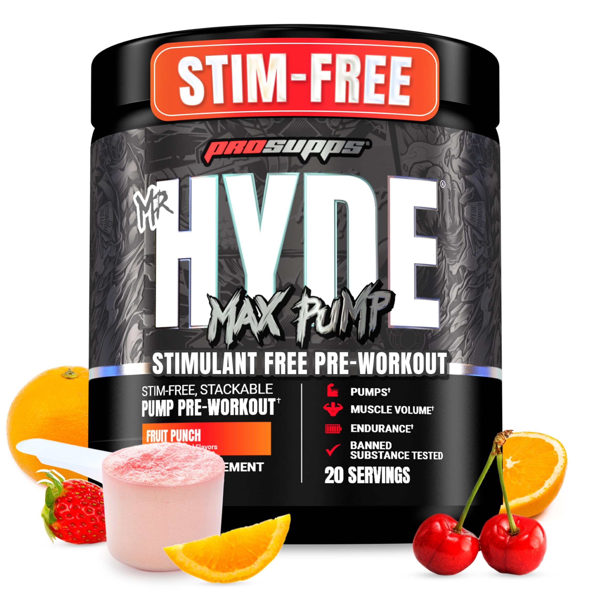 PROSUPPS Mr. Hyde Max Pump Pre Workout Powder - Stim-Free Preworkout Supports Blood Flow, Muscle Volume & Endurance - Caffeine-Free Nitric Oxide Gym & Fitness Supplements (Fruit Punch, 20 Servings)