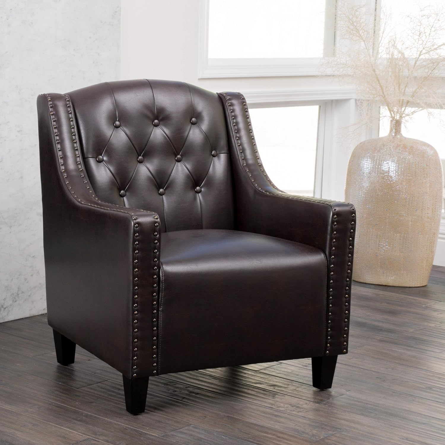 Amazon.com: Tufted Leather Club Chair Brown Solid Modern Contemporary