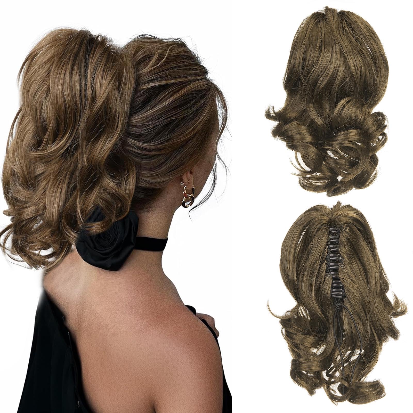 Cybelleza 14 inch Ponytail Hair Extension Curly Wavy Claw Jaw on Long Short Cute Pony Tails Clip in Hair Extensions Ponytail Hairpieces Synthetic for Women, Golden Brown