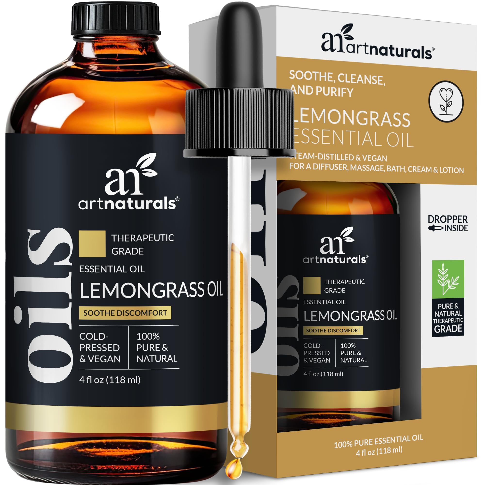 ArtNaturals Lemongrass Essential Oil 4oz - 100% Pure Therapeutic Grade - Premium Undiluted Lemon Grass Oil - for Diffuser - Aromatherapy - Safe for Skin & Hair - Natural - w/Dropper