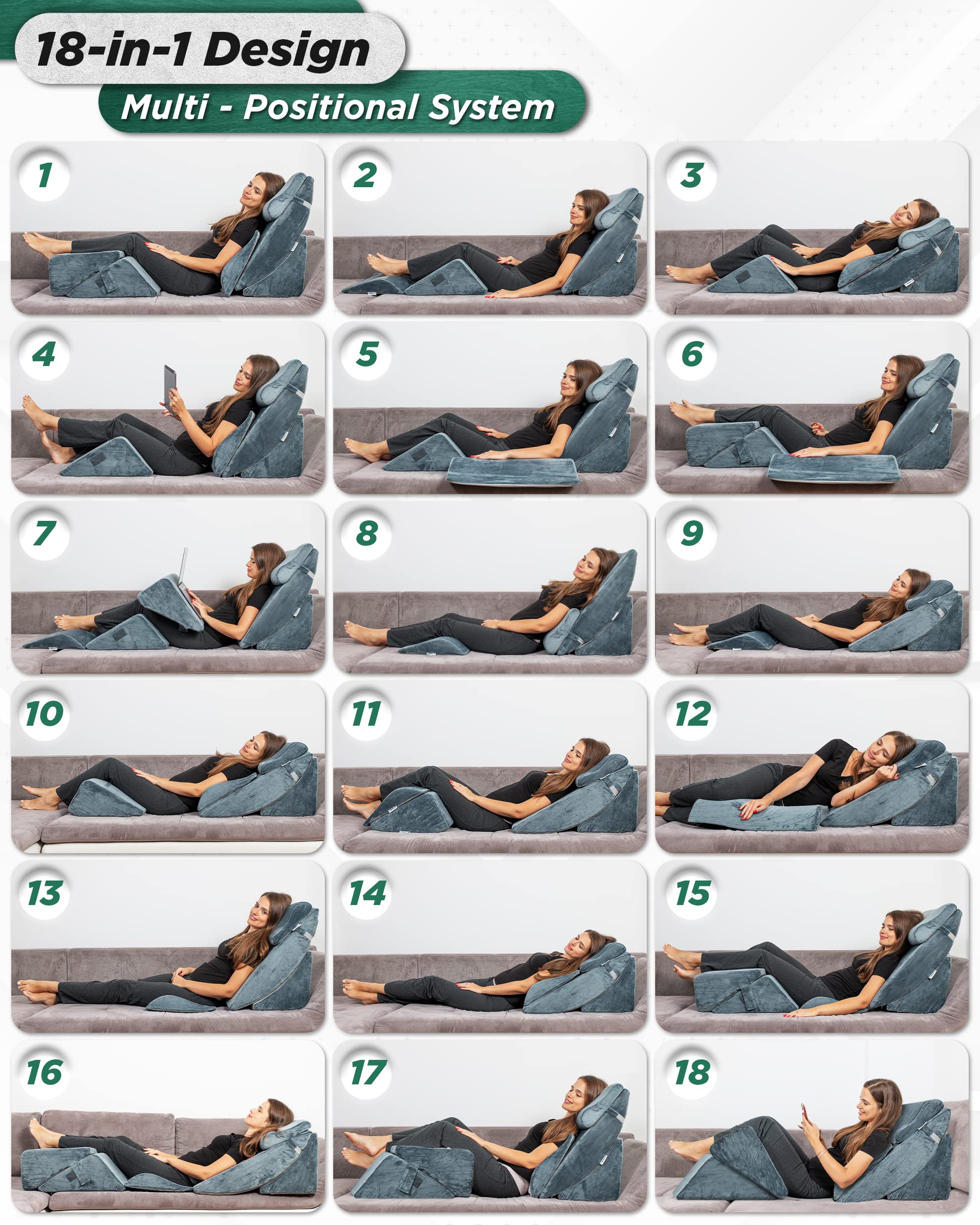 Lunix 6pcs Orthopedic Bed Wedge Pillow Set, Post Surgery Memory Foam for Back, Neck, and Leg Pain Relief, Adjustable Sitting Pillow for Sleeping, Acid Reflux and GERD, Hot Cold Pack, Navy