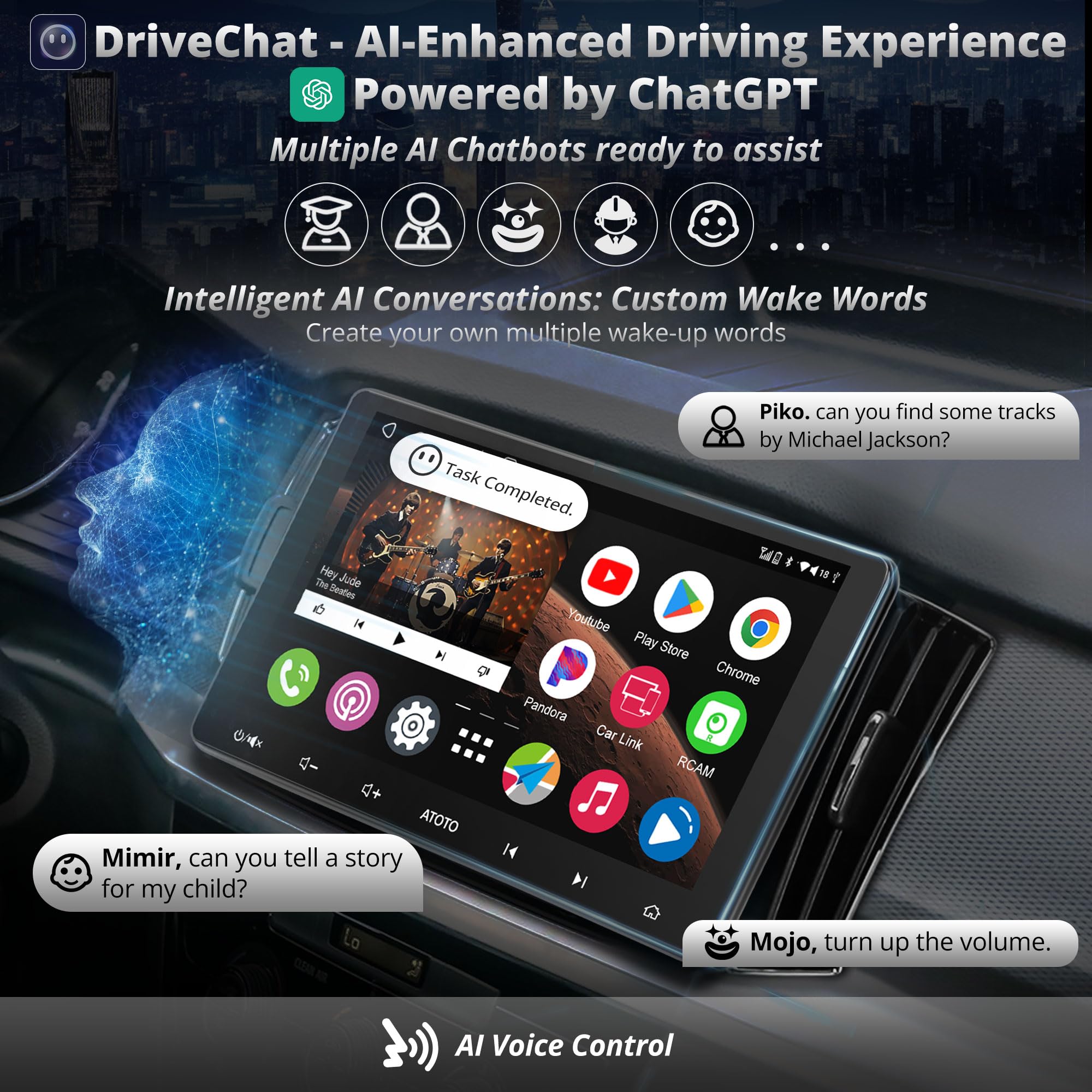 A6PF Plus 8-Core 4G+64G 9inch Android Double DIN Car Stereo, 4G LTE, WiFi/BT/USB, Wireless CarPlay & Android Auto QLED Touch Screen, Dual Bluetooth, 36-Band EQ DSP, AI Chat&GPS Tracking