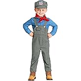 Classic Toddler Train Engineer Costume, Conductor Outfit For Kids With Denim Shirt, Striped Overalls, Hat, And Bandana