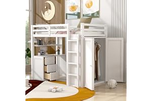 BOVZA Twin Size Loft Bed with Desk, 3 Drawers, and Wardrobe, Multi-Functional Design Wooden Twin Loft Bed Frame with Guardrails for Kids Teens Adults, White