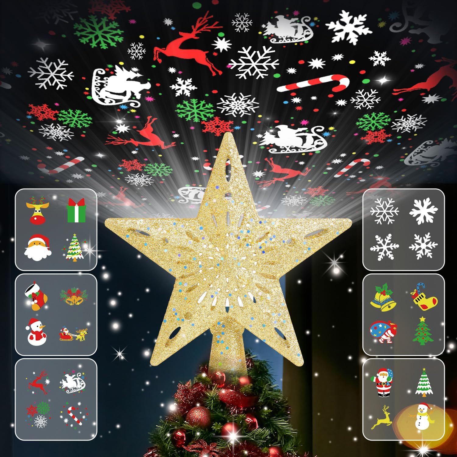 Tree Toppers - Christmas Tree Topper Star Lighted with 6 Projection Modes,Christmas Star Tree Topper Built-in Rotating Magic Cool Dynamic Projection,Gold 3D Glitter Hollow for Christmas Party Decorations