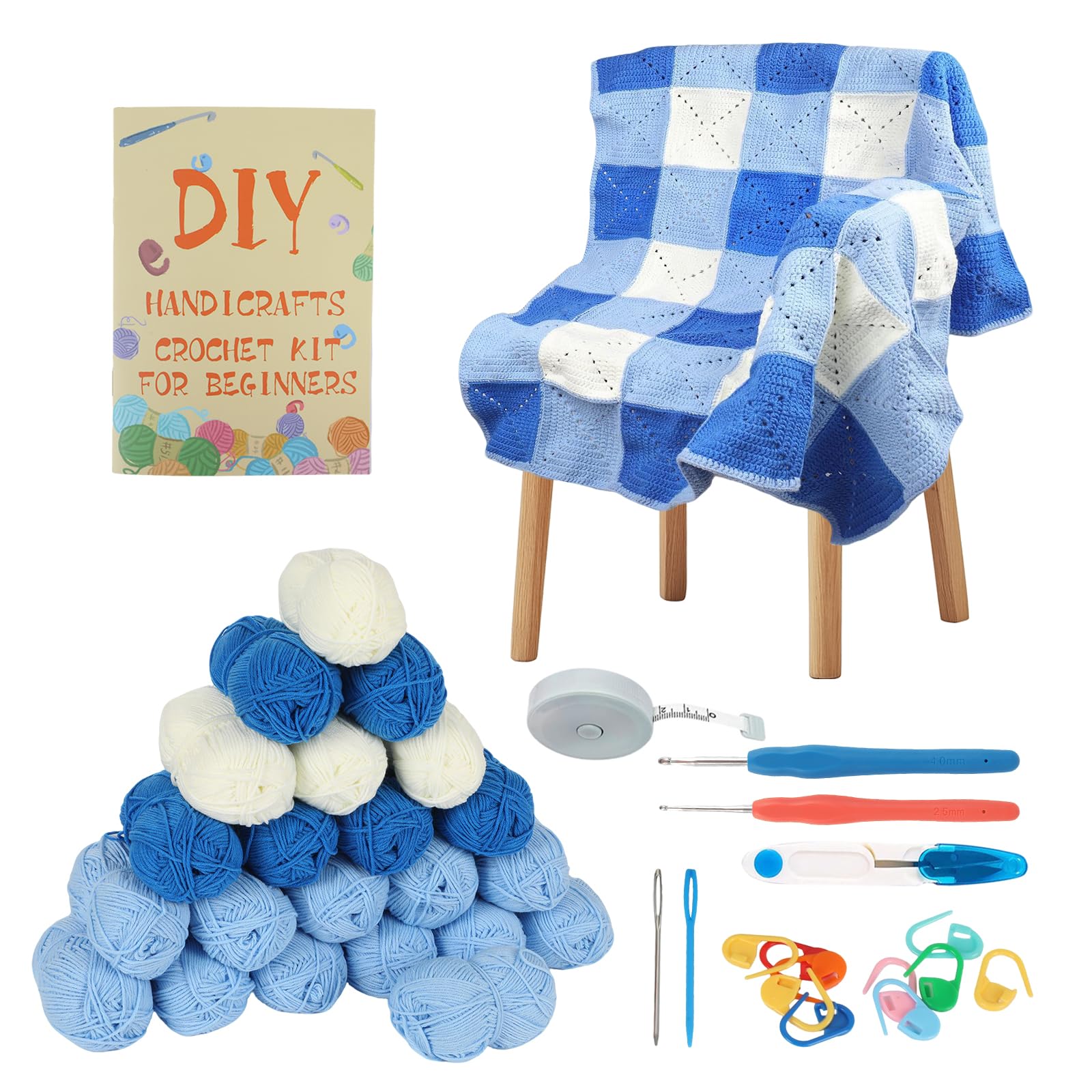 GHIBFBT Crochet Kit, Corchet Blanket Kit with Step-by-Step for Beginners, 19 Rolls DK Yarn Granny Square Blanket Crochet DIY Set for Starter (Blue)