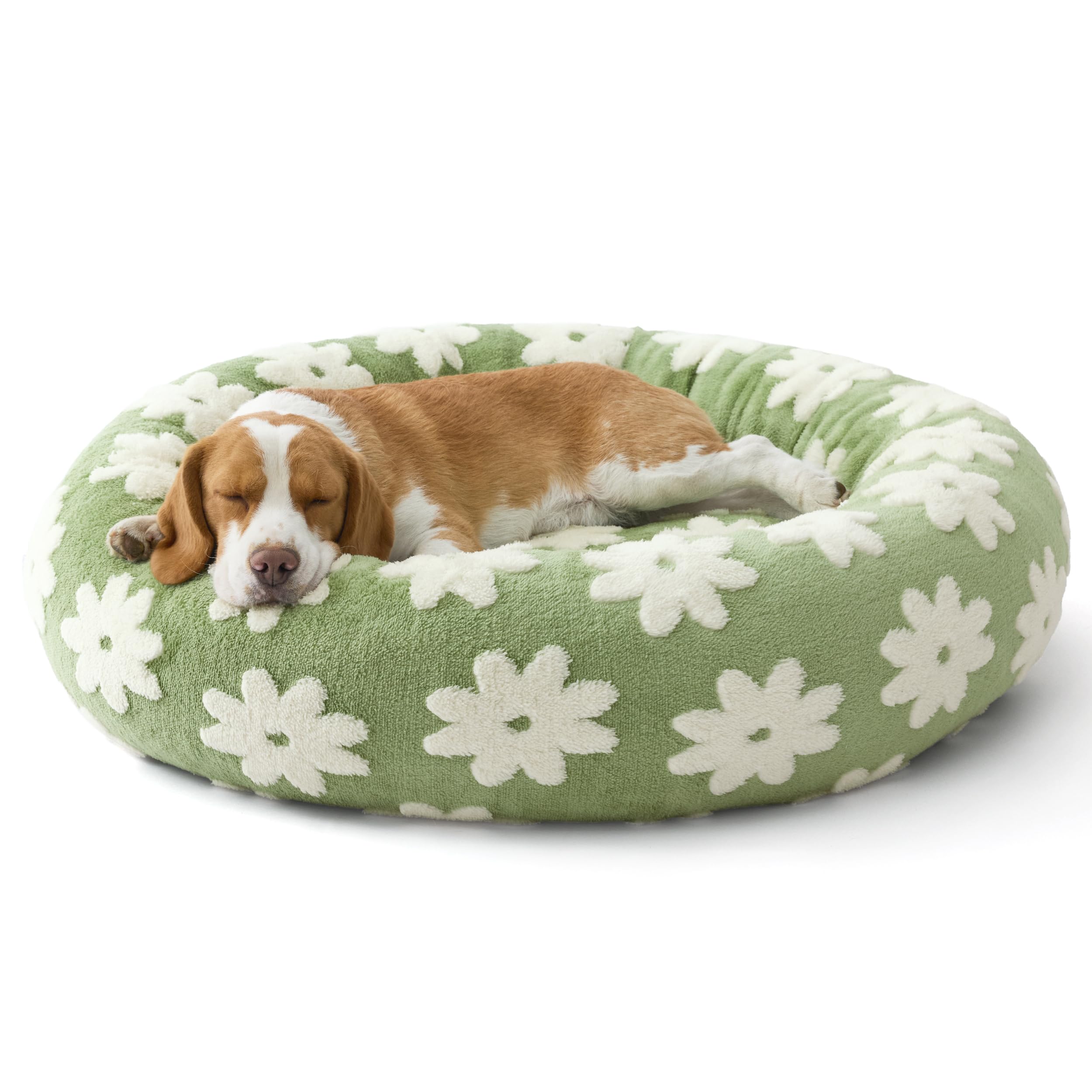 Lesure Shown on TV Donut Dog Beds Large Sized Dog - Round Pet Beds for Calming Puppy with Washable Cover, Orthopedic Modern Home Decor Bed with Jacquard Shaggy Plush & Anti Slip Bottom, 33 Inch,Green Image