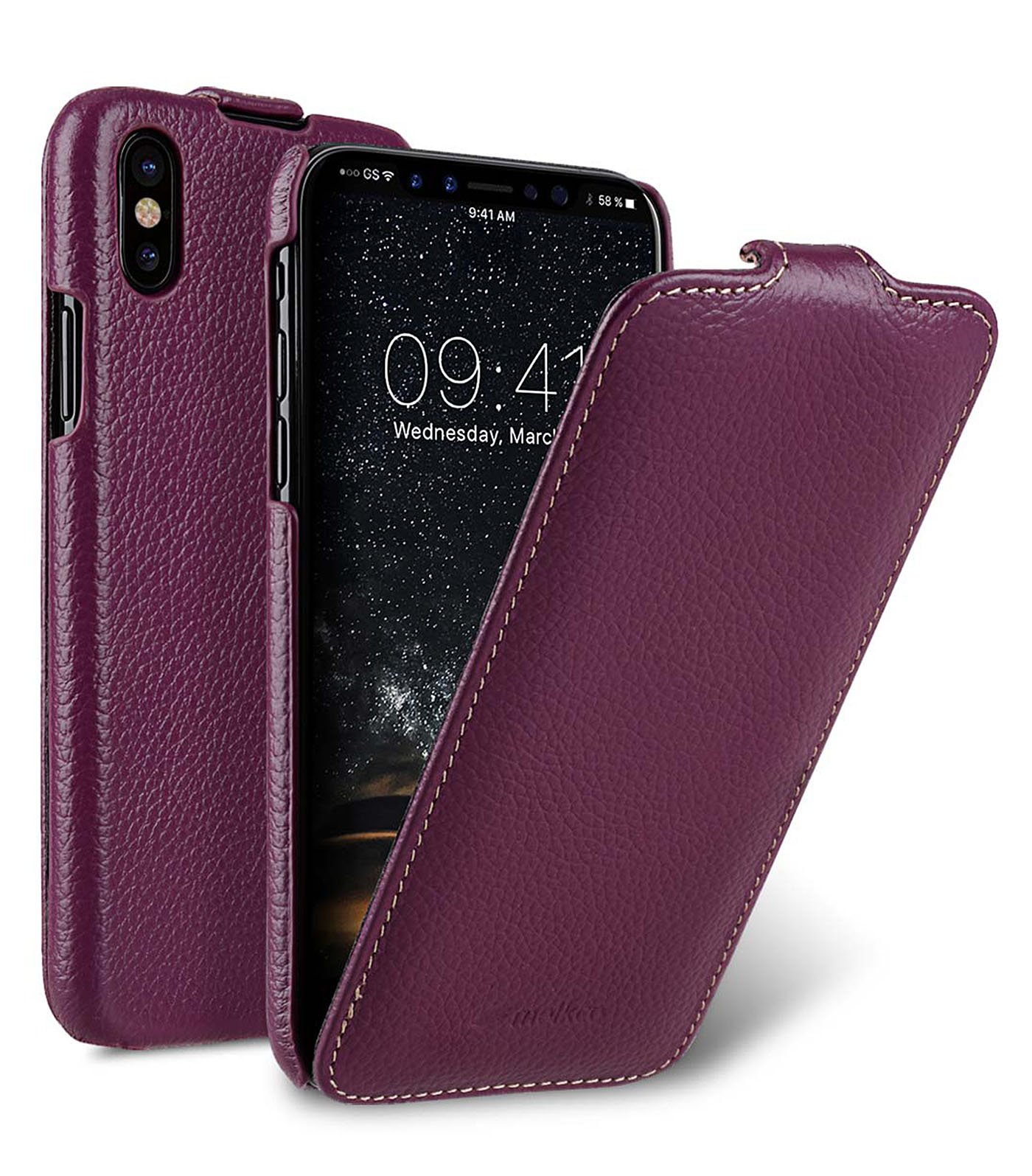 Elegant Case for Apple iPhone XS and iPhone X / Case Exterior Made of Coated Leather / Protective Case Hinged / Flip Case / Sheath / Ultra Slim / Cover Inside Made of Textile / Purple / Purple