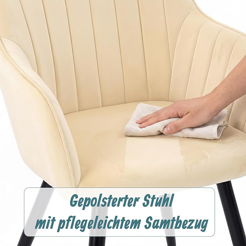 Esszimmerstuhl, 2er Set, Samt, Metallbeine, Armlehne, beige