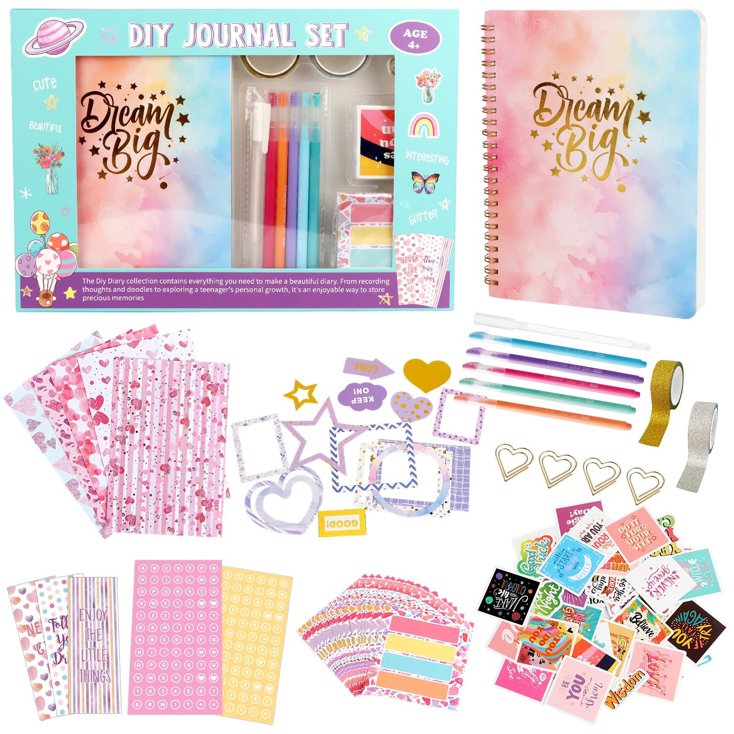 MOTIBACK 109Pcs DIY Journal Set for Girls, Creativity Journaling Kit for 6 to 12 Year Girls Christmas Birthday Gift, Scrapbook Supplies & Diary Stationery Set