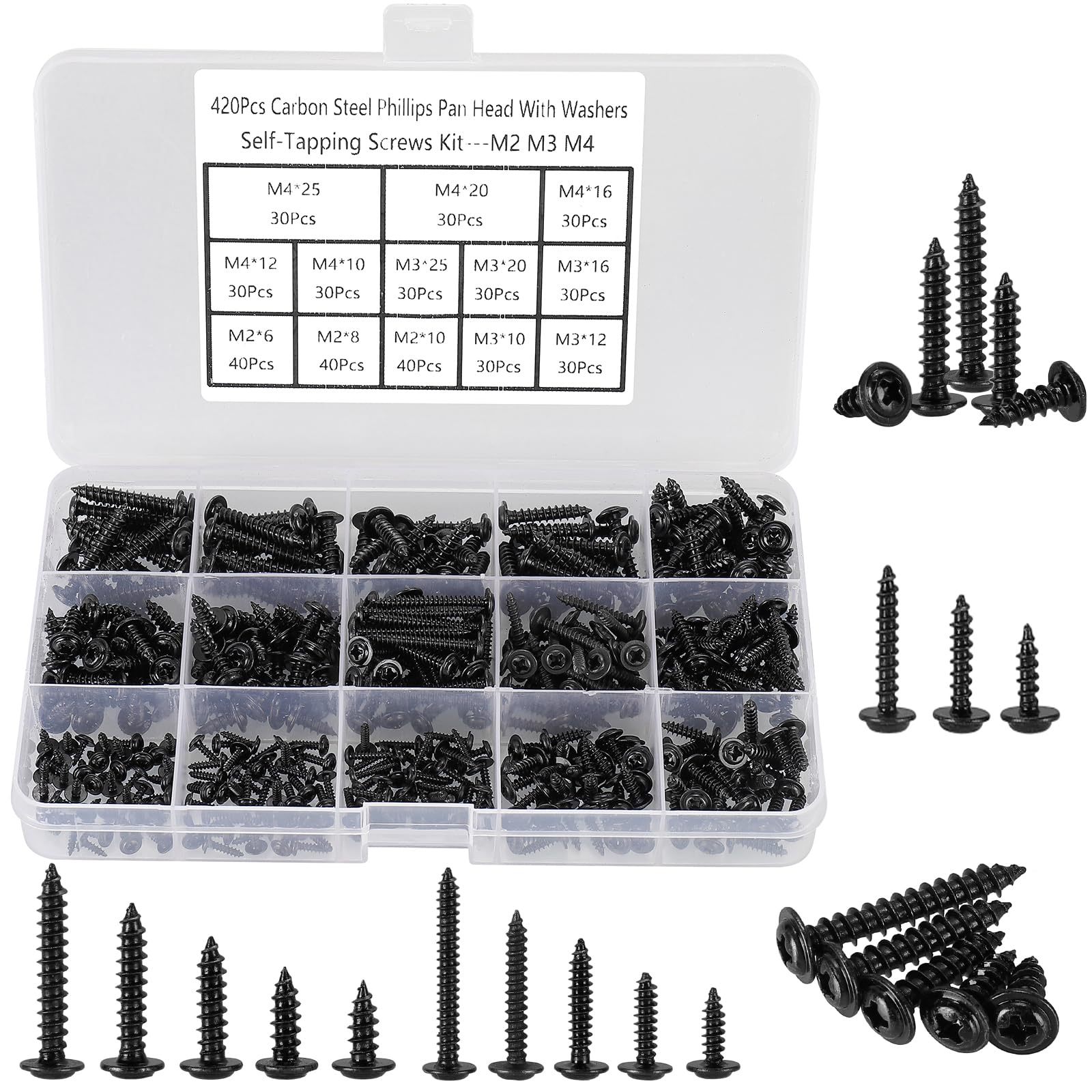 FandWay 420Pcs Self Tapping Screws Black,M2 M3 M4 Small Wood Screws Kit,Pan Head With Washer Self Drilling Screw,Wafer Head Sheet Metal Screw Phillips Drive for DIY Woodwork Repairs.
