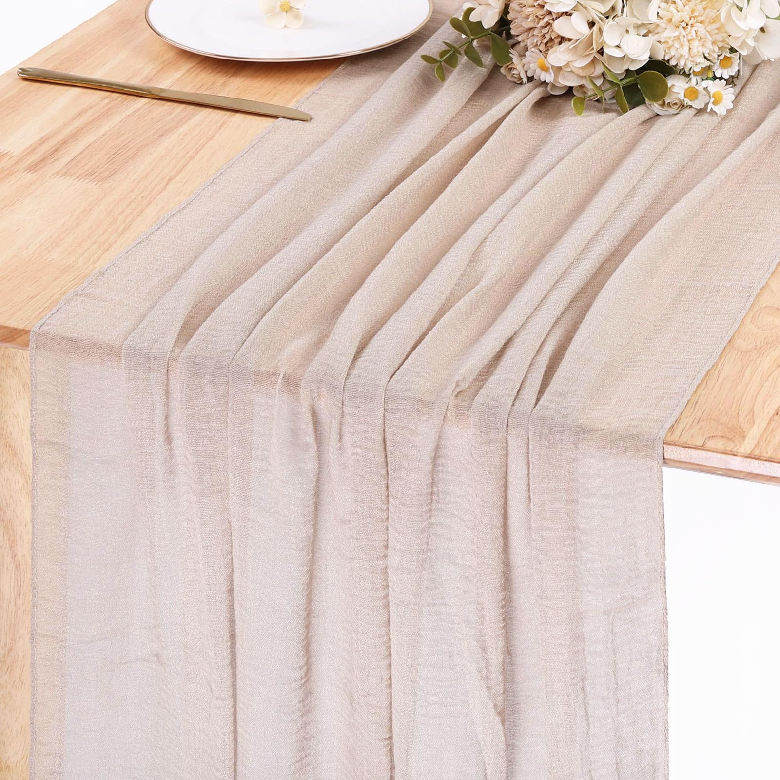 Photo 1 of SAJOO 13ft Sand Cheesecloth Table Runner Boho Gauze 35x157 Inches Long Rustic Cheese Cloth Table Runner for Wedding Baby Bridal Shower Party Decorations