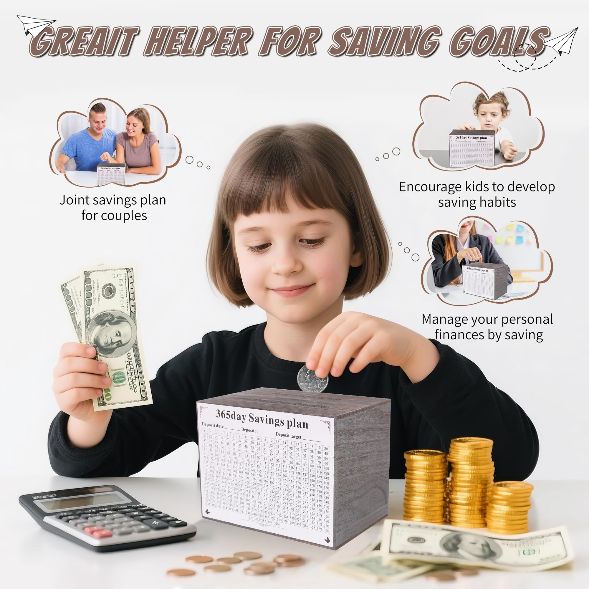 Piggy Bank for Kids and Adults, Wooden Money Saving Box for Cash, Unbreakable Piggy Bank for $10000 $5000 $3000 $1000 $800 $500 Target Money Saving Challenge.(Gray)