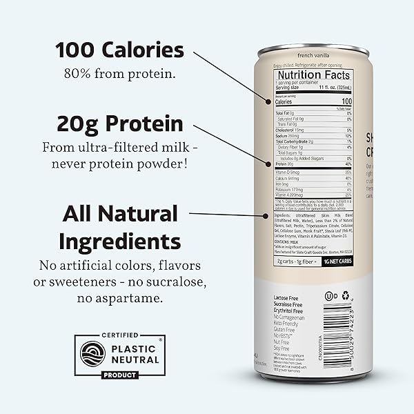 SLATE MILK – HIGH PROTEIN MILK SHAKE – FRENCH VANILLA – LACTOSE FREE, 20G PROTEIN, 1G SUGAR, 100 CALORIES, 1G NET CARBS, NO ADDED SUGAR – NATURAL, BREAKFAST BOOST, POST WORKOUT – 11 FL OZ, 12 CANS