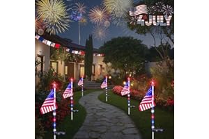 LORRYTE 6 Pack 4th of July Decorations Outdoor Solar Lights, Red White and Blue Star Lights for National Day with American Flag, 2 Modes Waterproof Patriotic Light for Independence Memory Day Garden Yard Path