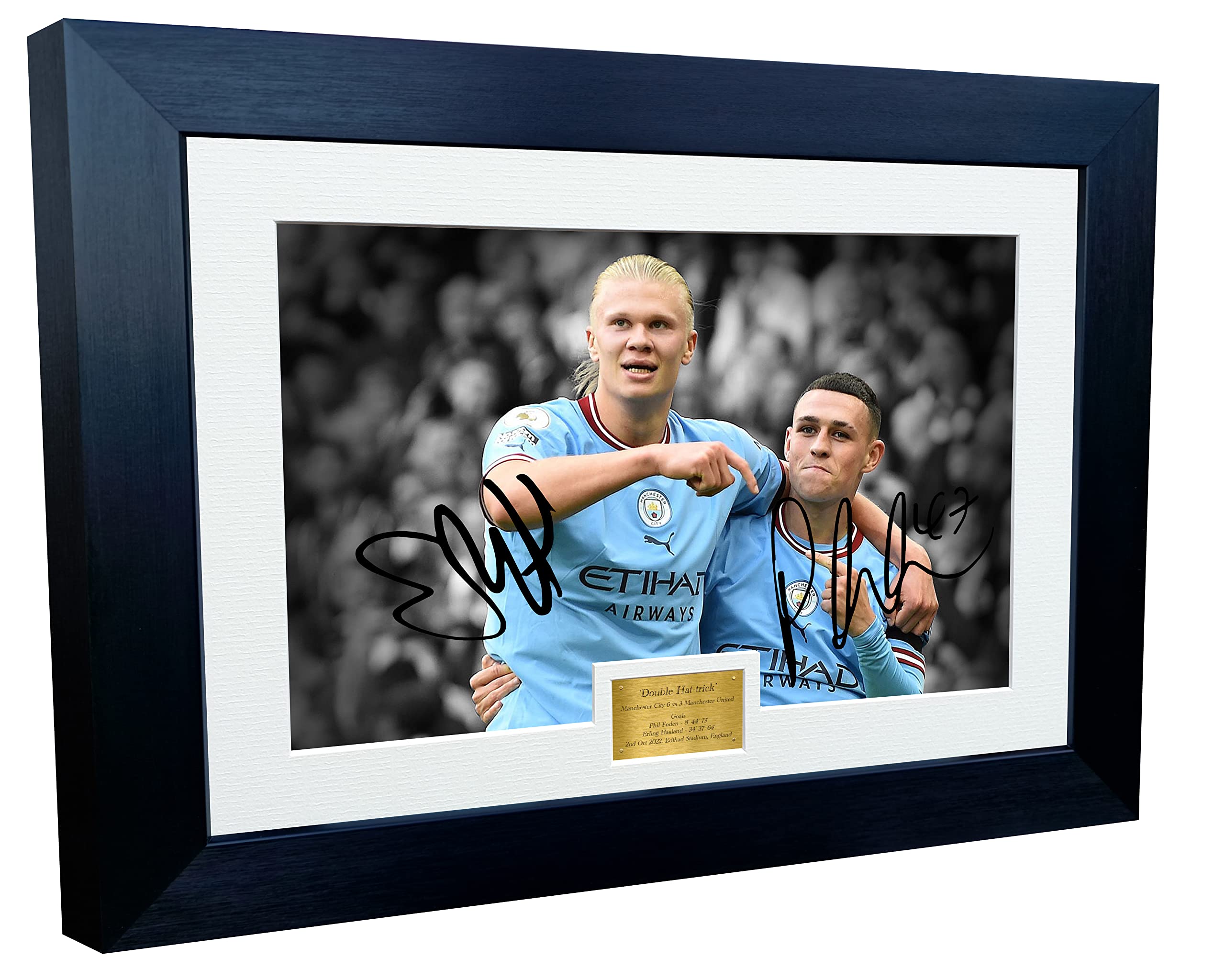 Kitbags & Lockers 12x8 A4 Erling Haaland Phil Foden Hat-tricks Manchester City vs Utd Autographed Signed Photo Photograph Picture Frame Football Soccer Poster Gift Gold