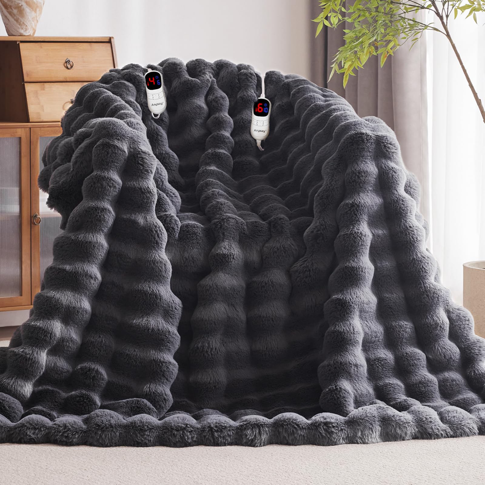 Photo 1 of Anysay Heated Blanket King Size with 1/2/4/6/8 Hours Auto-Off 10 Heat Level, 90'' * 100'' Cozy Faux Rabbit Fur Bubble Electric Blanket with Overheat Protection(Dark Grey)
