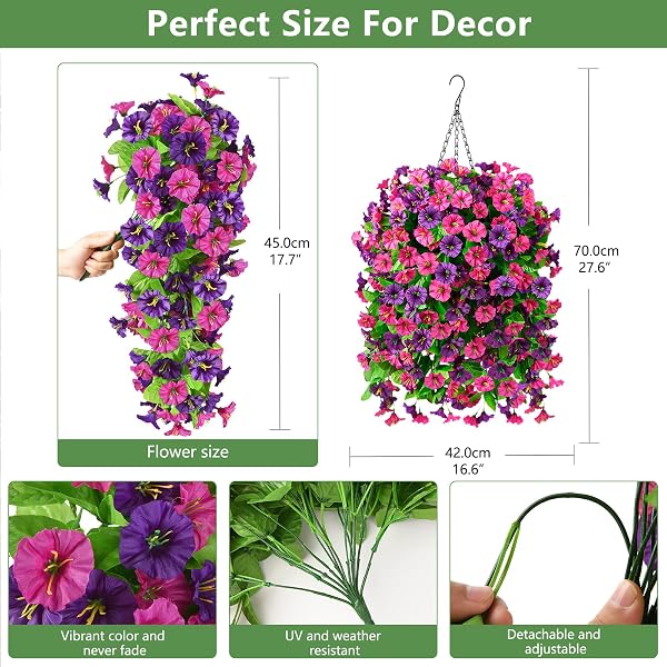 INQCMY ARTIFICIAL FLOWERS FOR OUTDOOR SPRING SUMMER DECORATION FAUX SILK MORNING GLORY FAKE HANGING FLOWERS UV RESISTANT LOOK REAL FOR HOME PORCH (3PCS FUCHSIA&PURPLE +1 BASKET)
