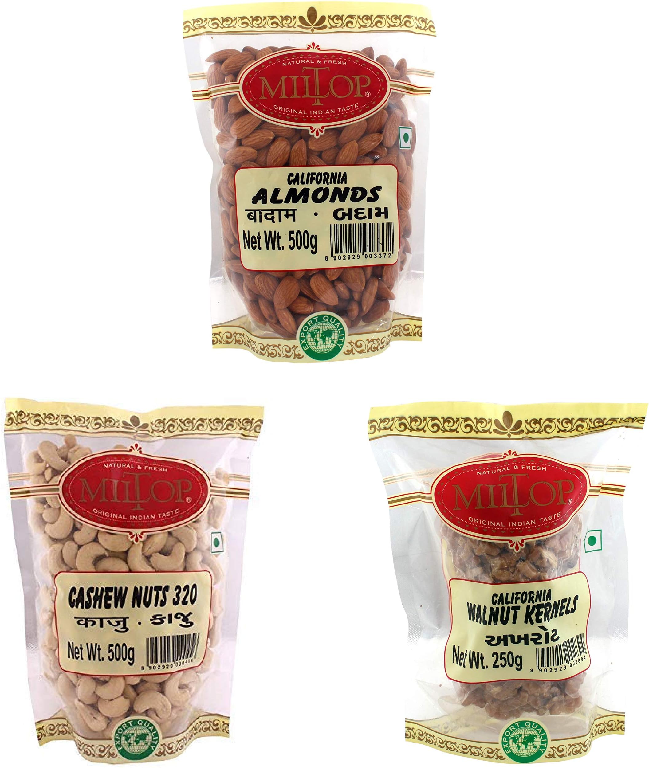 Miltop Dry Fruits Daily Essentials - Almond (500g), Cashew 320 (500g) and Walnut Kernel (250g)