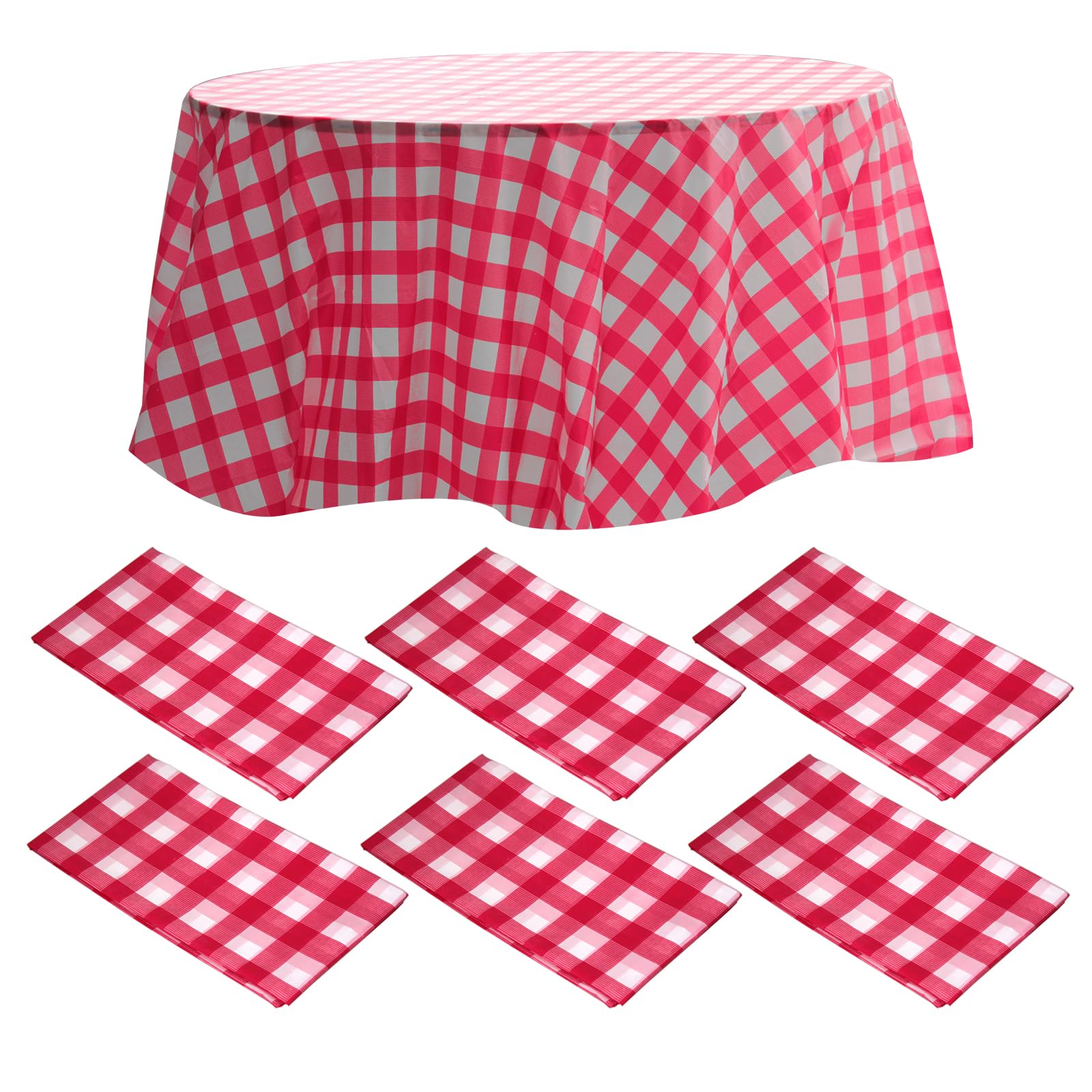6 Packs Premium Round Checkered Red Gingham Plastic Tablecloth - 84 Inch Round Table Cover, Disposable Round White Table Cloth-Decorative Smooth Table Covers For Parties, BBQ, Indoor and Outdoor — image 1