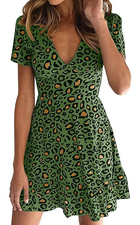 ECOWISH Damen Kleider V-Ausschnitt A-Linie Sommerkleid Leopard Rüschen Freizeitkleid Kurzarm Mini Strandkleid